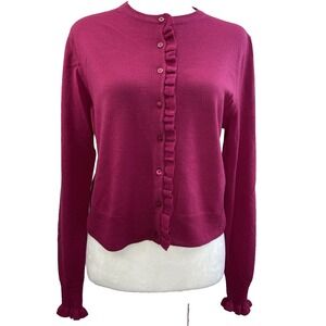 L K‎ Bennett Cardigan Womens Medium Raspberry Sweater Wool Ruffle Luxury Elegant